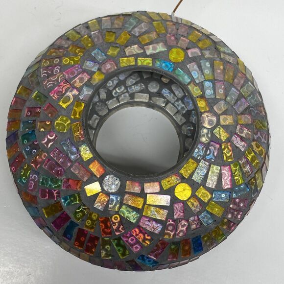 Mosaic Round Hanging Bird Feeder Fly Through Outdoors Pinks Yellow Blues - Picture 7 of 14